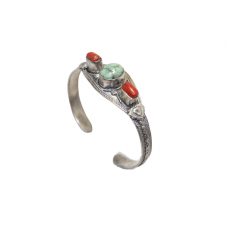 Bangle Bracelet Kada 925 Sterling Silver Turquoise Coral Gem Stone Engraved C205